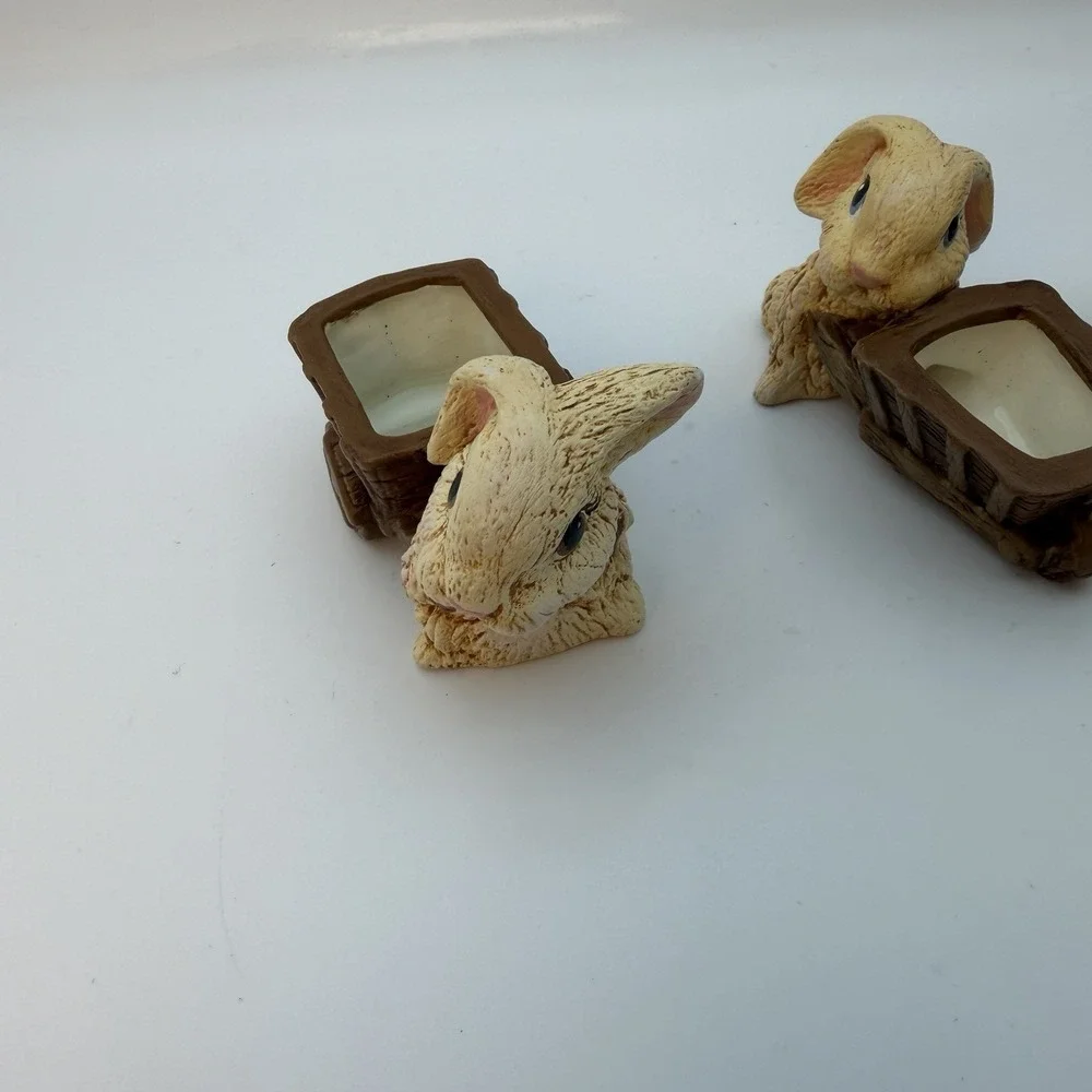 Lot of Three Rabbit Figurines‎ Stone Resin Ceramic Brown Tan Small Wheelbarrow